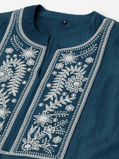 Blue Chinon Embroidered Kurti-2