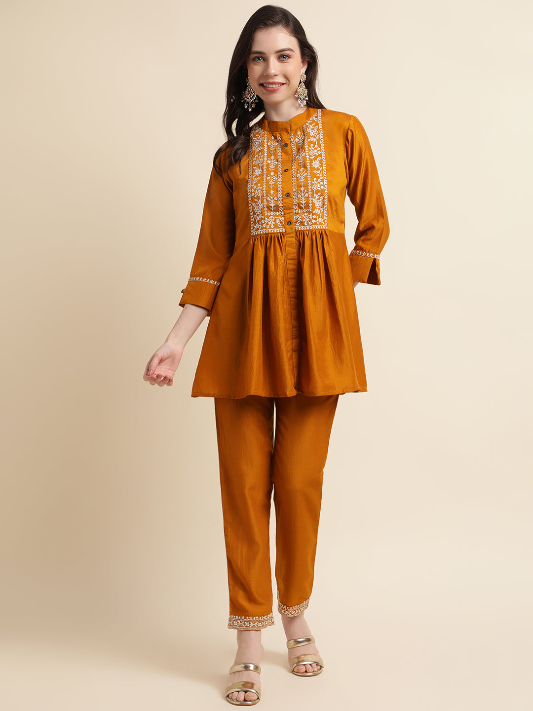 Mustard Chinon Embroidered Kurti