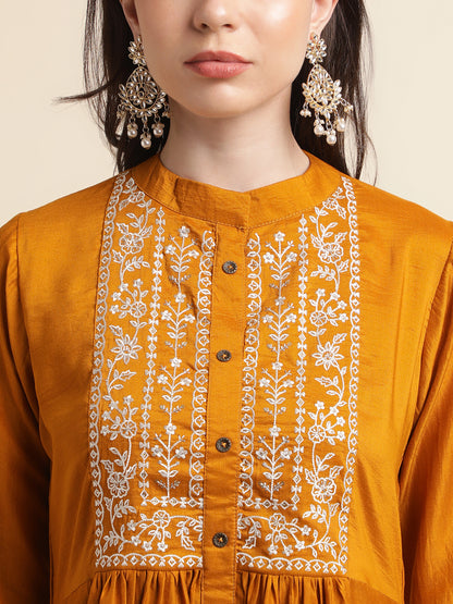 Mustard Chinon Embroidered Kurti-2