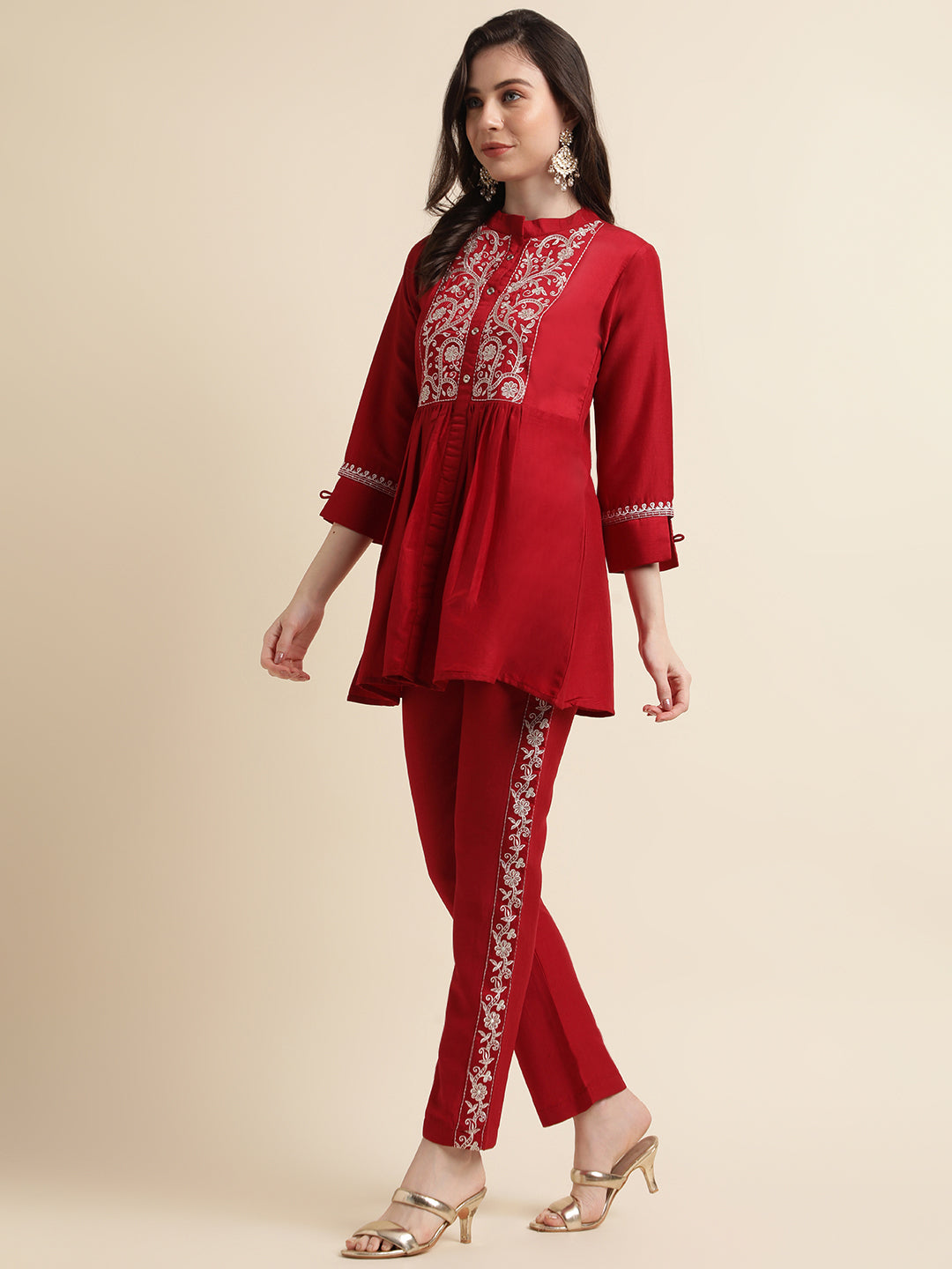 Red Chinon Embroidered Kurti