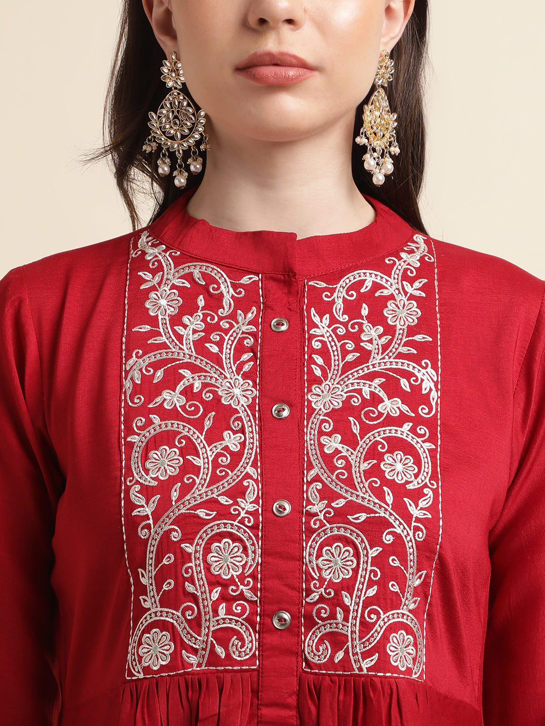 Red Chinon Embroidered Kurti-2