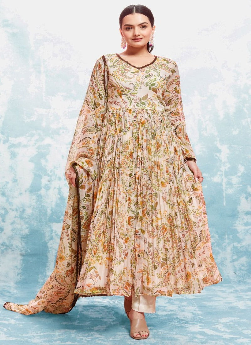 Cream Georgette Printed Anarkali Suit