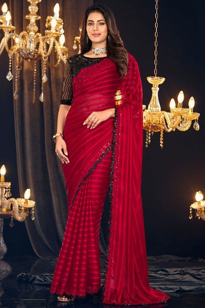 Red Georgette Designer Saree with Embroidery Work