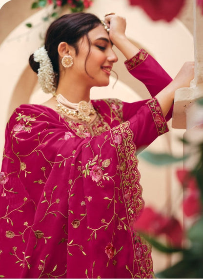 Magenta Georgette Palazzo Salwar Suit With Embroidery Work