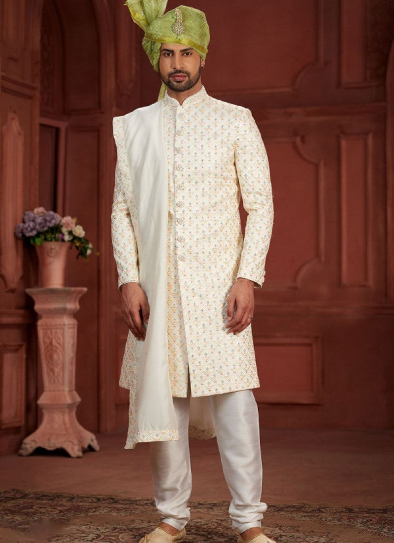 Off White Silk Wedding Sherwani With Embroidered Thread, Sequence and Heavy Handwork Work