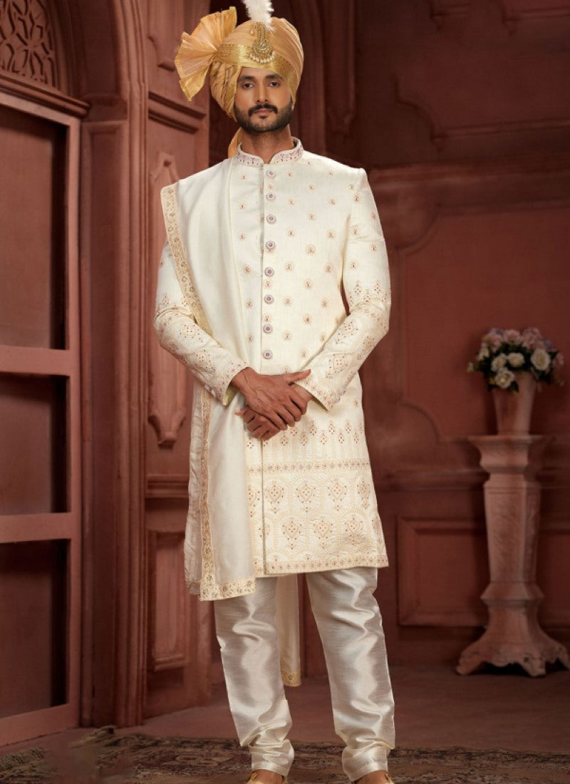 Off White Silk Wedding Sherwani With Embroidered Thread, Sequence and Heavy Handwork Work