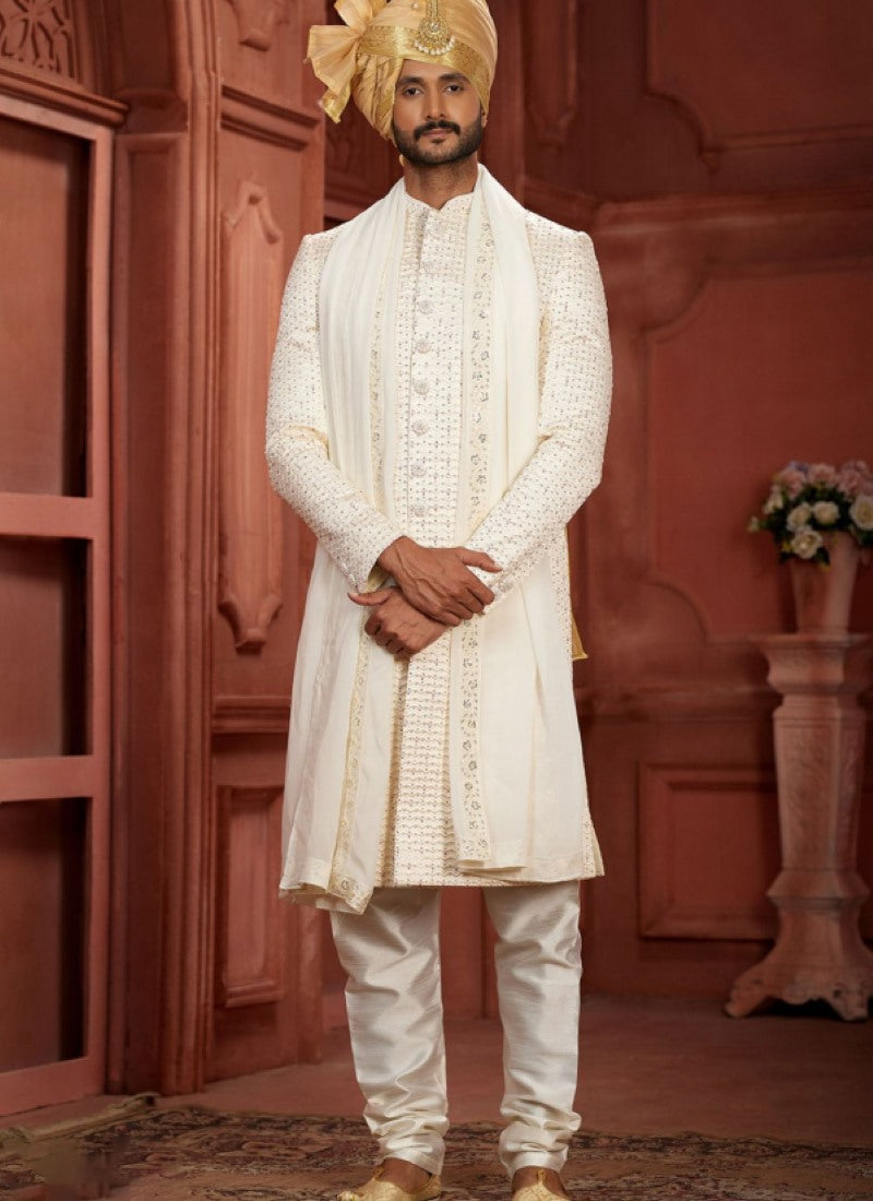 Off White Silk Wedding Sherwani With Embroidered Thread, Sequence and Heavy Handwork Work