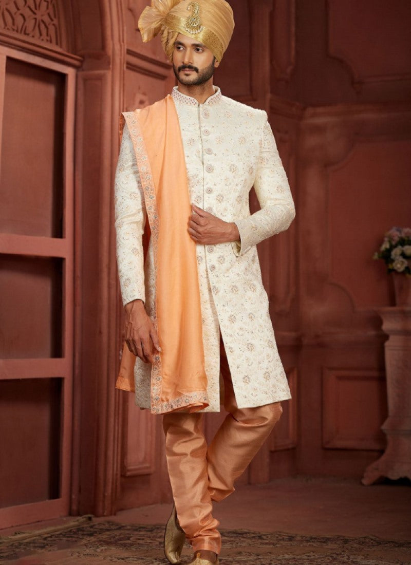 Off White Silk Wedding Sherwani With Embroidered Thread, Sequence and Heavy Handwork Work