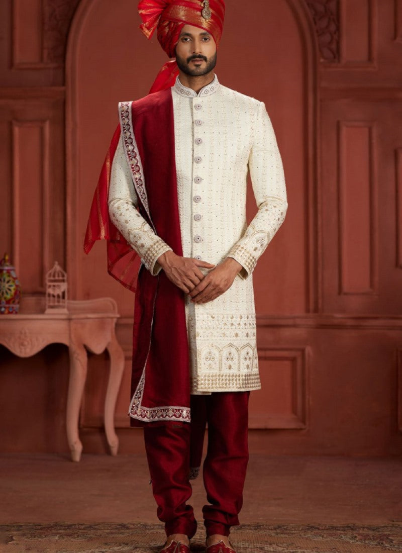 Off White Silk Wedding Sherwani With Embroidered Thread, Sequence and Heavy Handwork Work