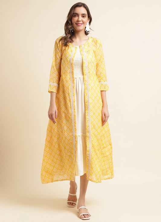 Yellow Cotton Kurti With Jacket