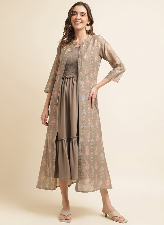 Brown Cotton Kurti With Jacket