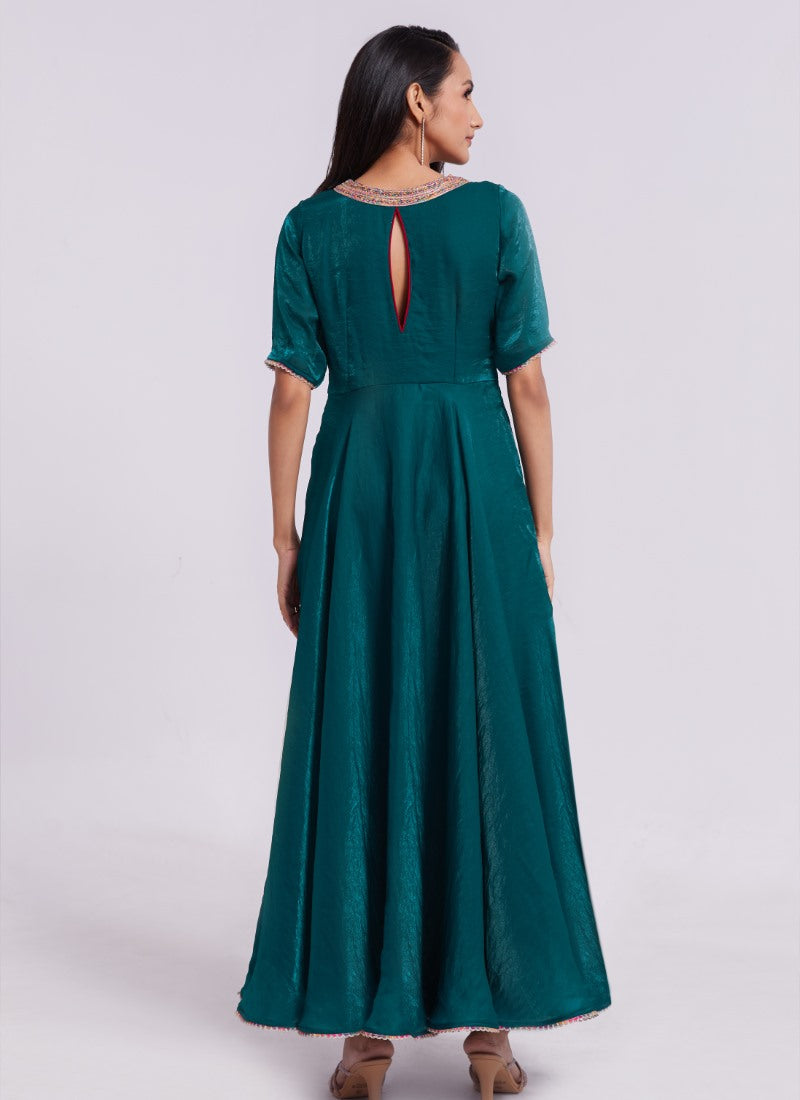 Teal Blue Organza Indo Western Gown