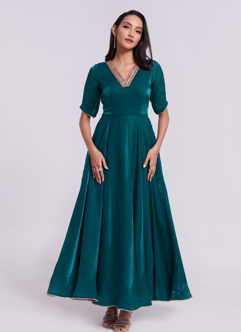 Teal Blue Organza Indo Western Gown