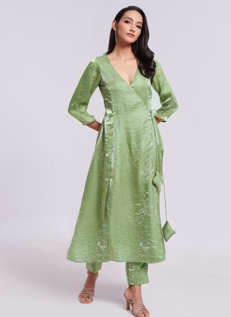 Pista Green Organza Indo Western Party Wear Salwar Suit