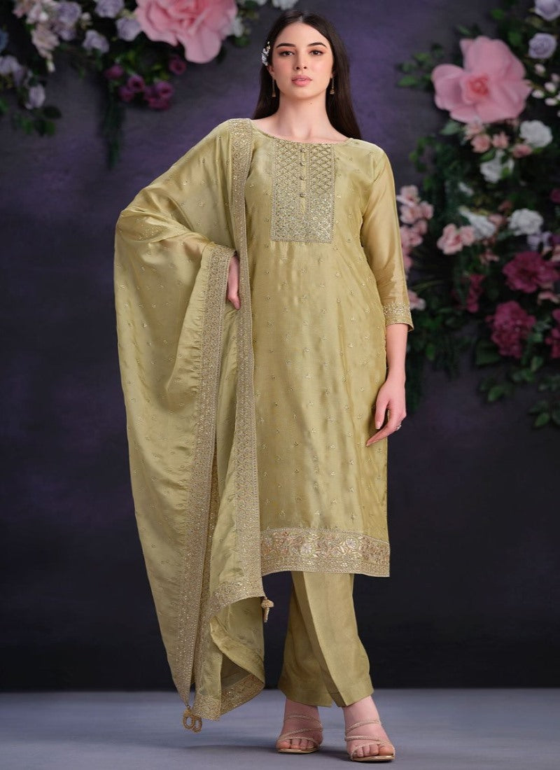 Olive Green Pant Style Salwar Suit with Thread and Sequins Work