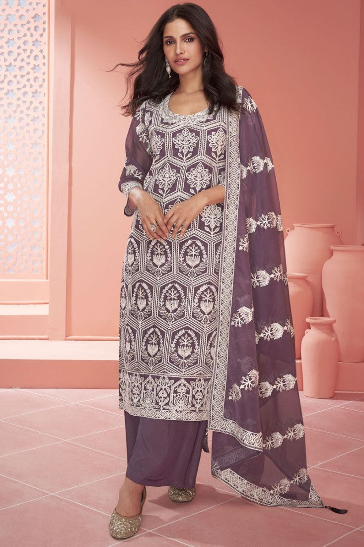 Purple Silk Long Straight Cut Palazzo Suit