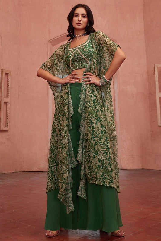 Green Georgette Indo Western With Palazzo Pant