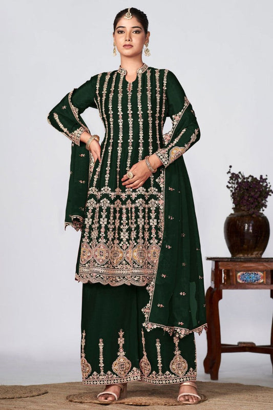 Green Chinon Embroidered Palazzo Suit