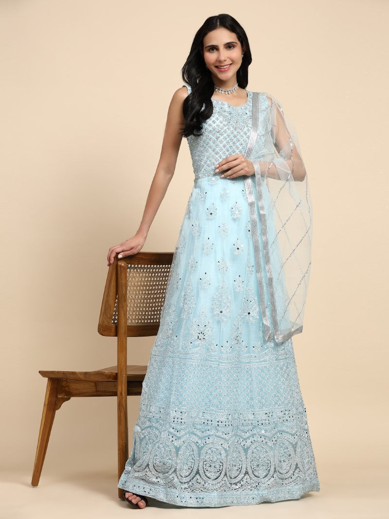 Sky Blue Net Lehenga Choli With Embroidery Work