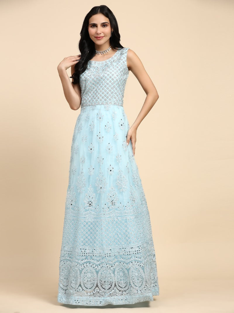 Sky Blue Net Lehenga Choli With Embroidery Work