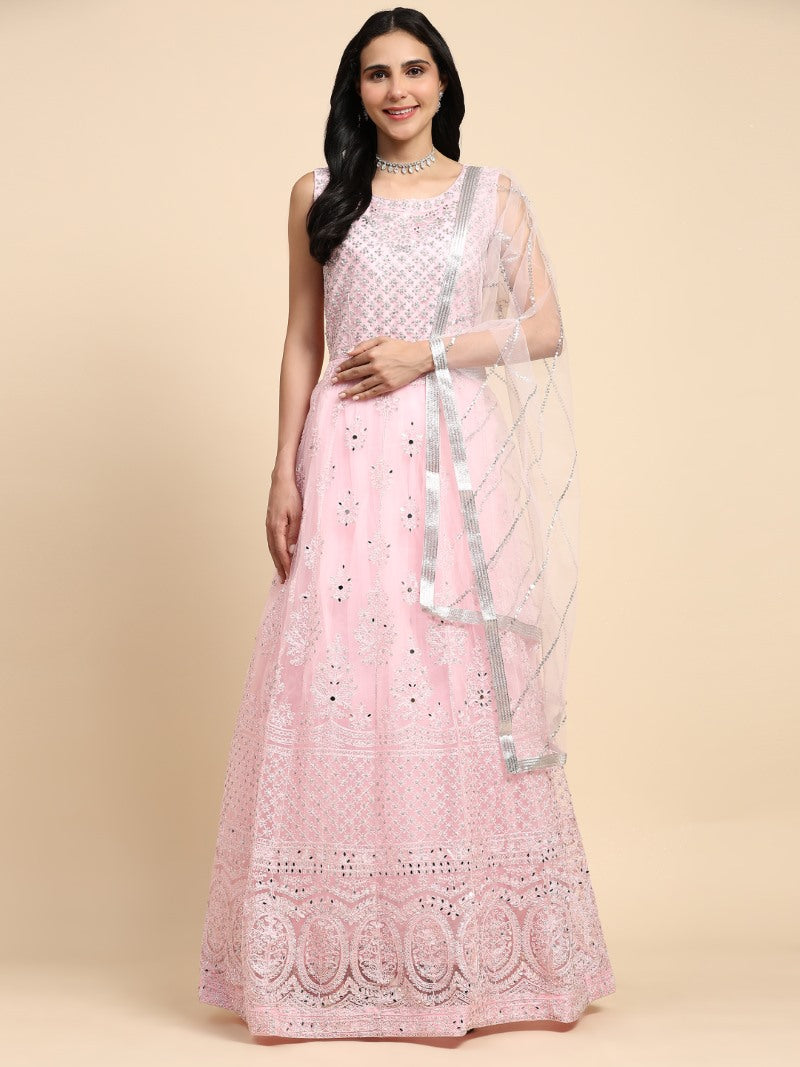 Pink Net Lehenga Choli With Embroidery Work