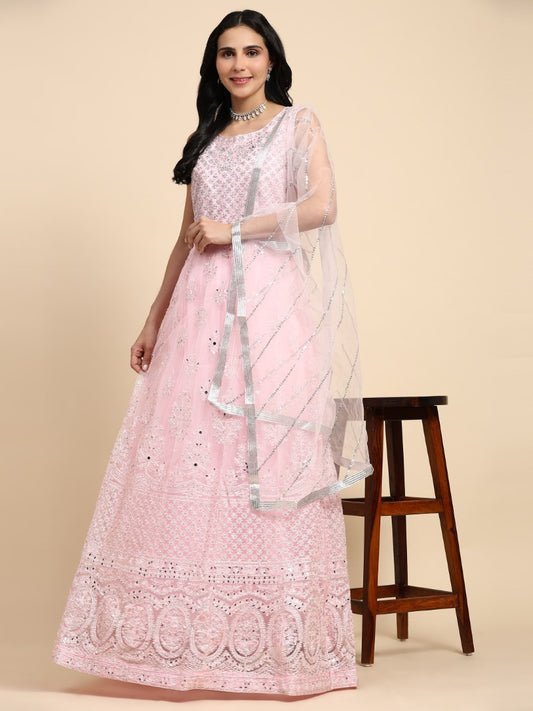 Pink Net Lehenga Choli With Embroidery Work