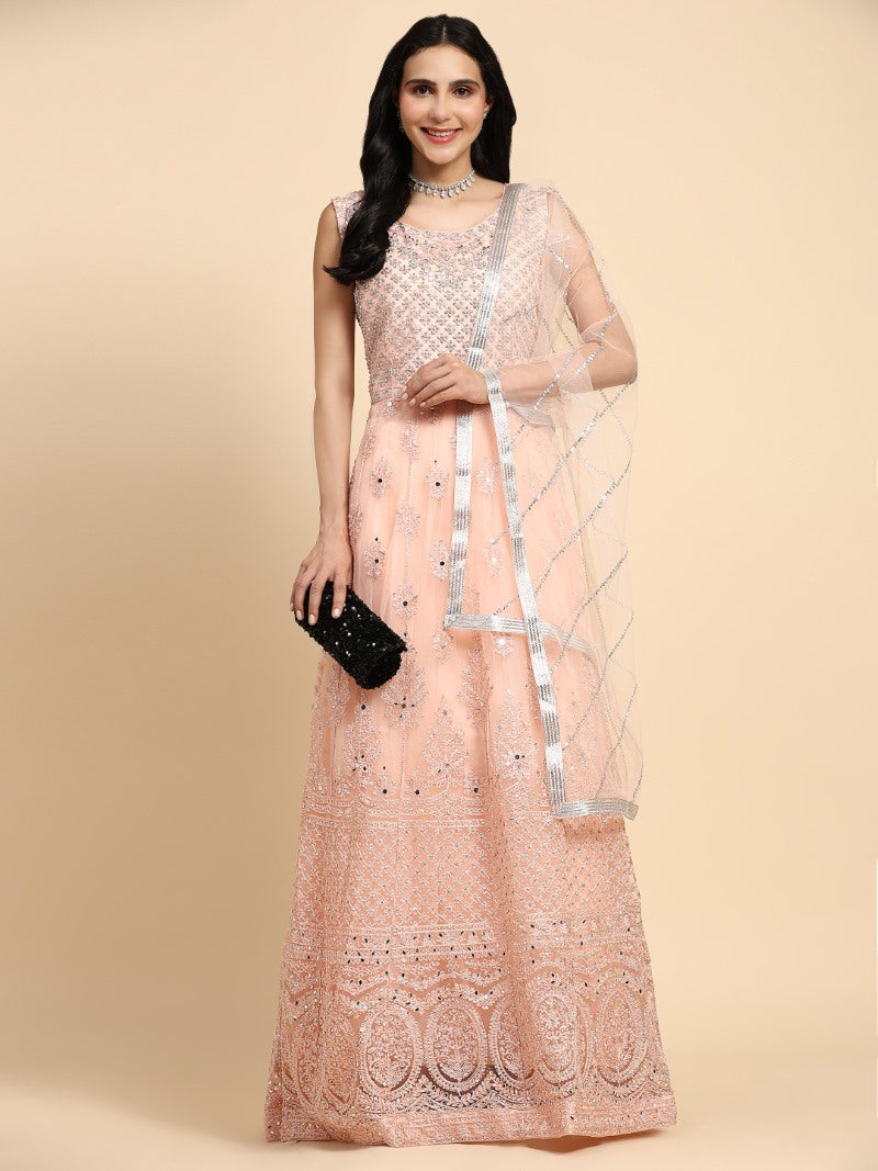 Peach Net Lehenga Choli With Embroidery Work