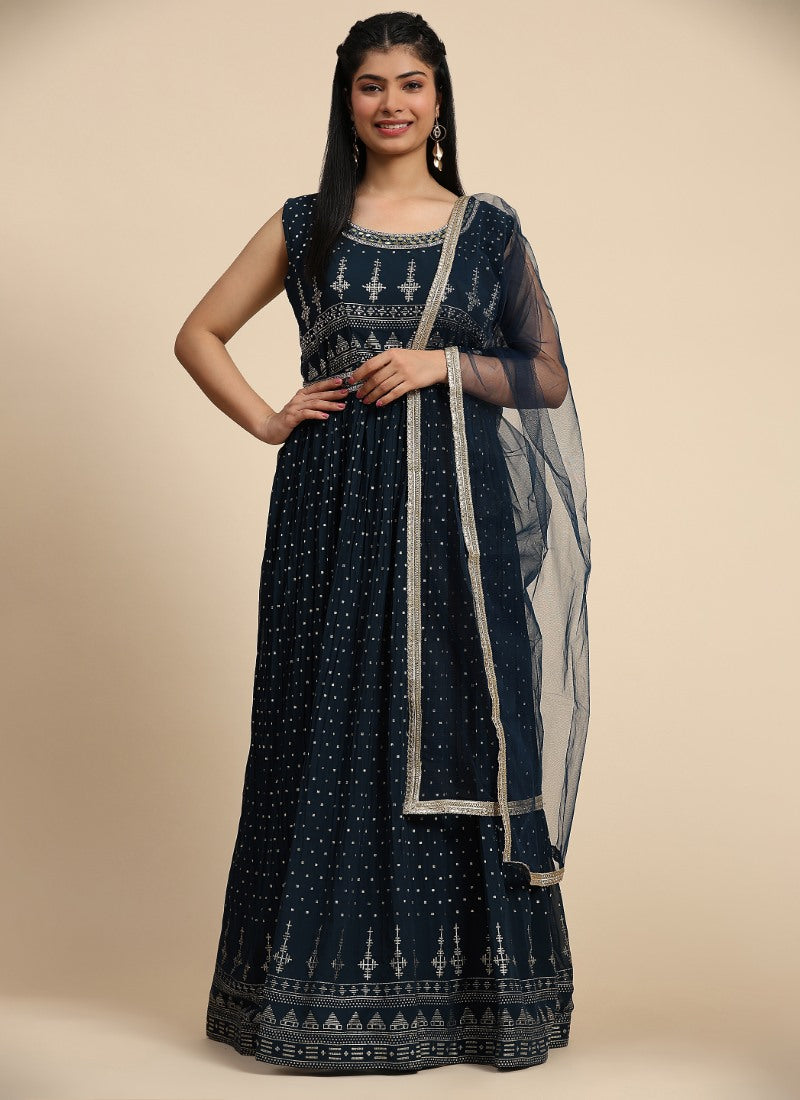 Navy Blue Georgette Long Anarkali Suit With Embroidery and Sequins Work