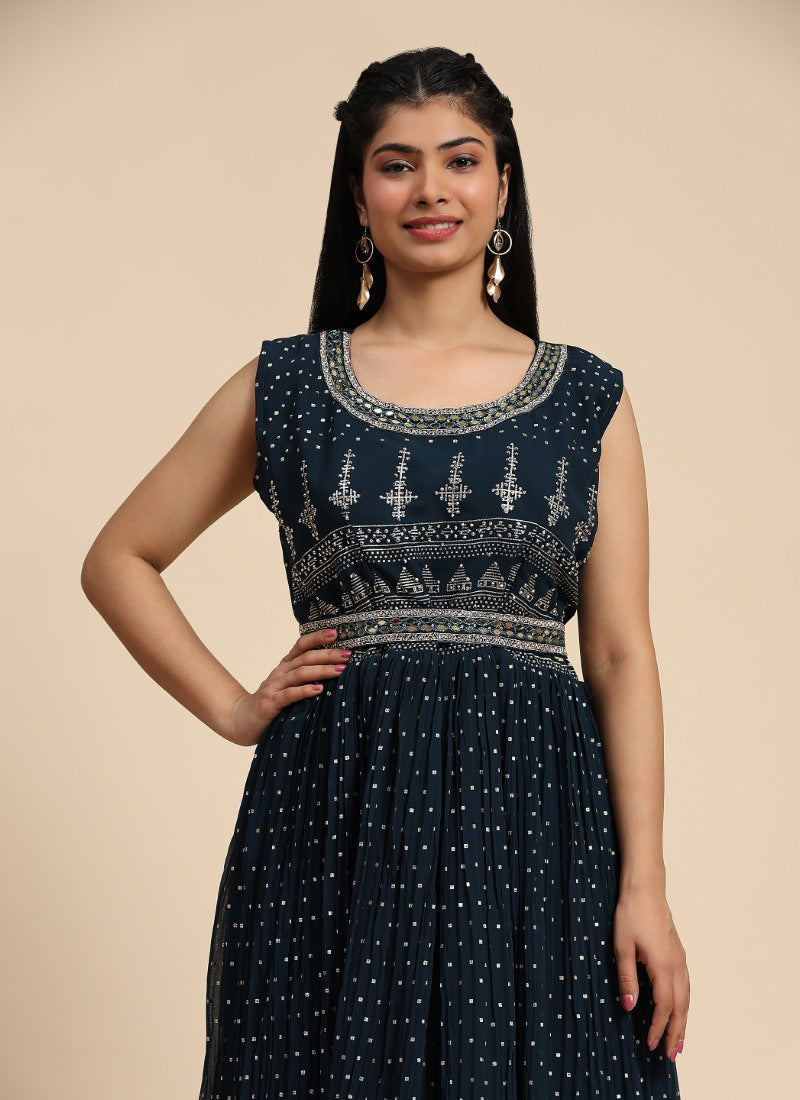 Navy Blue Georgette Long Anarkali Suit With Embroidery and Sequins Work