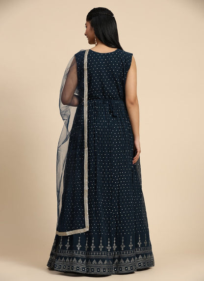 Navy Blue Georgette Long Anarkali Suit With Embroidery and Sequins Work