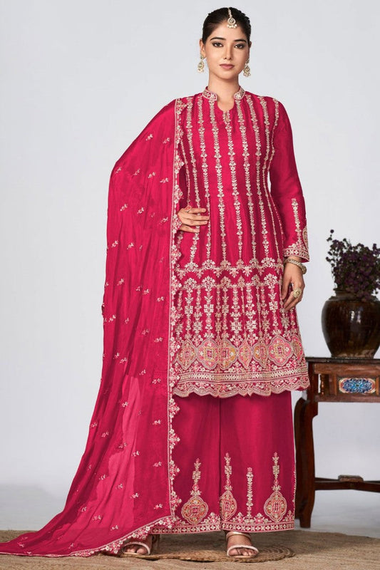 Magenta Chinon Embroidered Palazzo Suit