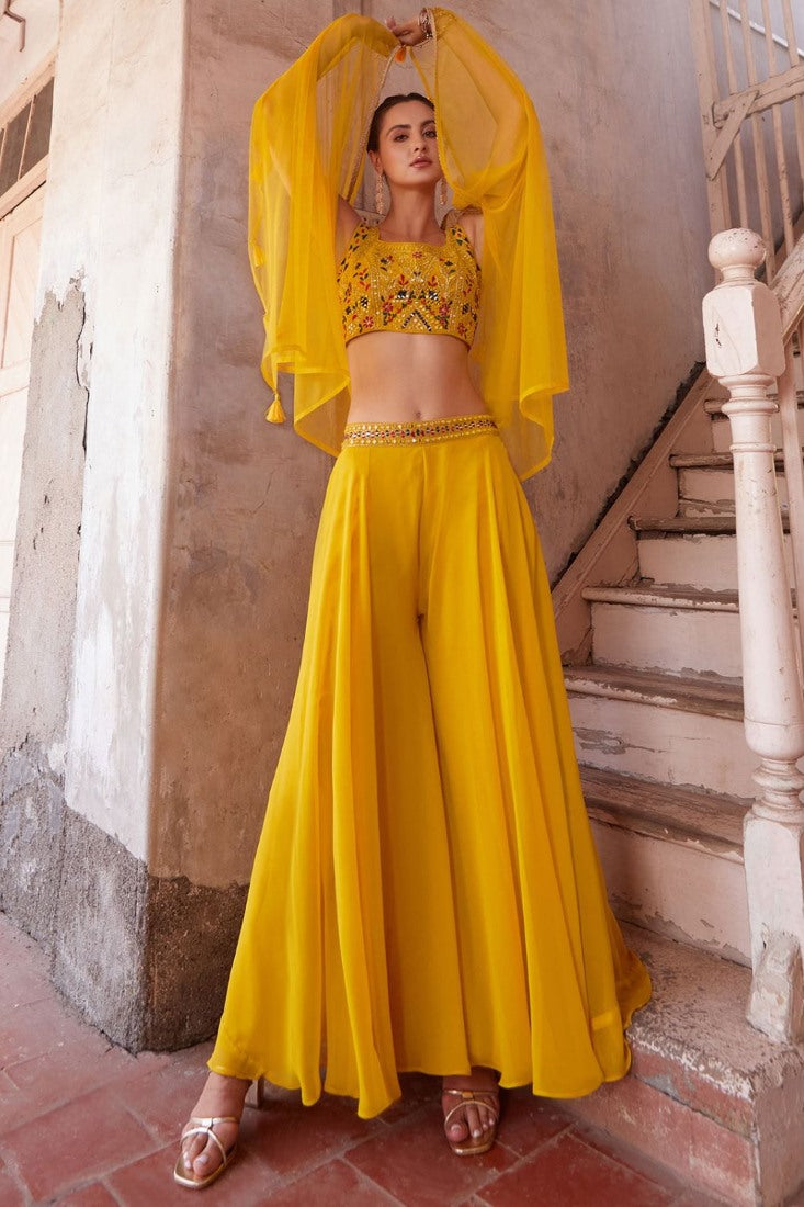 Yellow Georgette Indo Western With Palazzo Pant