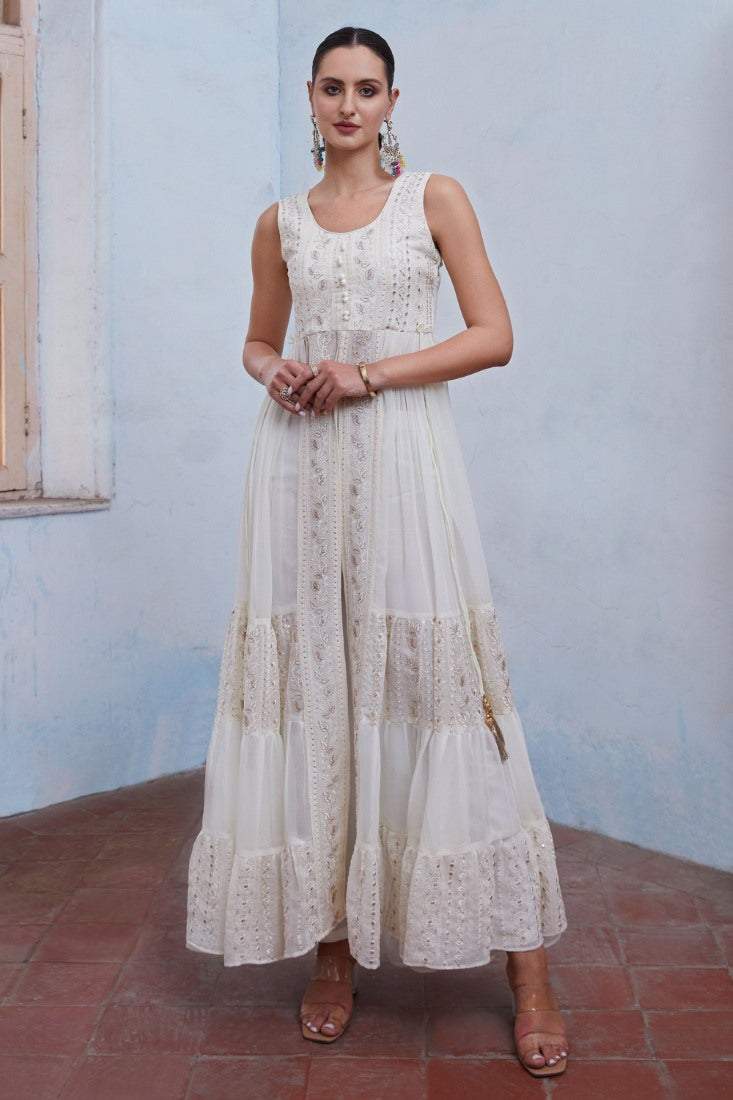 White Georgette Center Slit Anarkali Suit With Embroidery Work