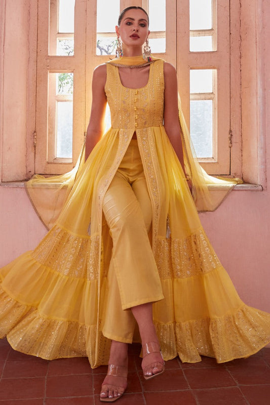 Yellow Georgette Center Slit Anarkali Suit With Embroidery Work