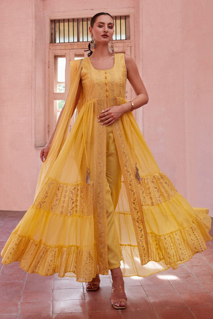 Yellow Georgette Center Slit Anarkali Suit With Embroidery Work