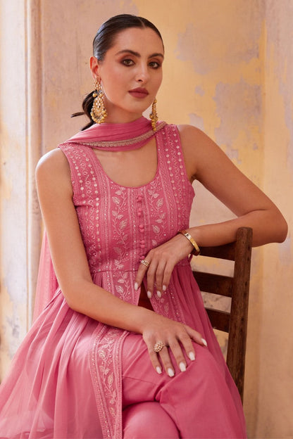 Pink Georgette Center Slit Anarkali Suit With Embroidery Work