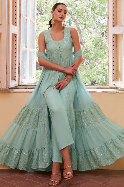 Sky Blue Georgette Center Slit Anarkali Suit With Embroidery Work