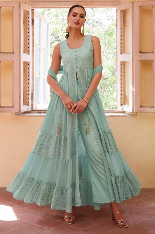 Sky Blue Georgette Center Slit Anarkali Suit With Embroidery Work