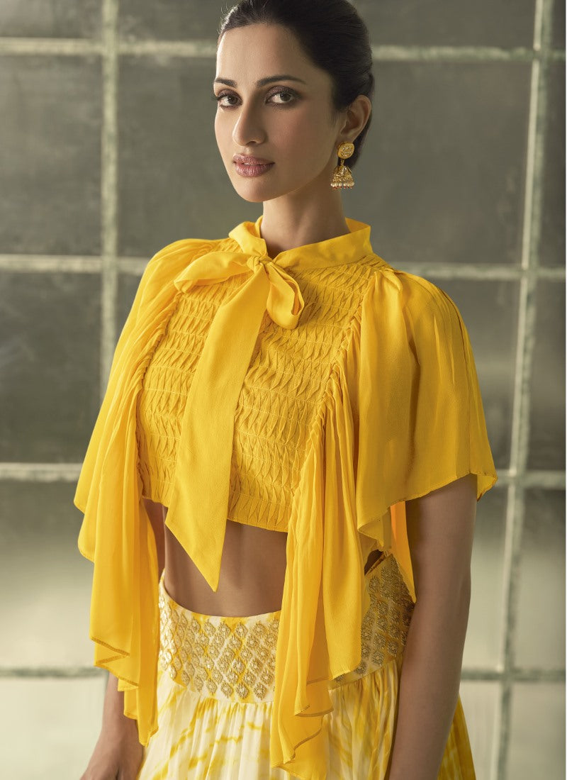 Yellow Crop Top Lehenga Choli With Embroidery Work