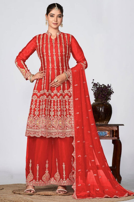 Red Chinon Embroidered Palazzo Suit