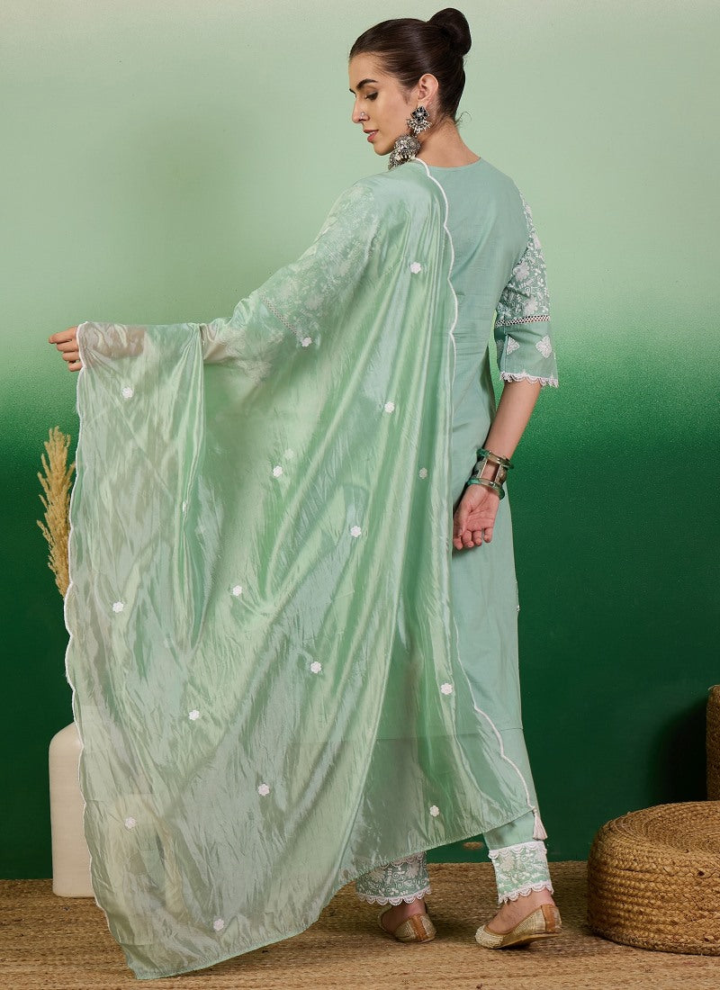 Green Pant Style Salwar Suit with Thread and Sequins Work