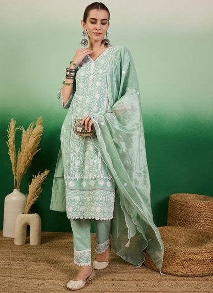 Green Pant Style Salwar Suit with Thread and Sequins Work