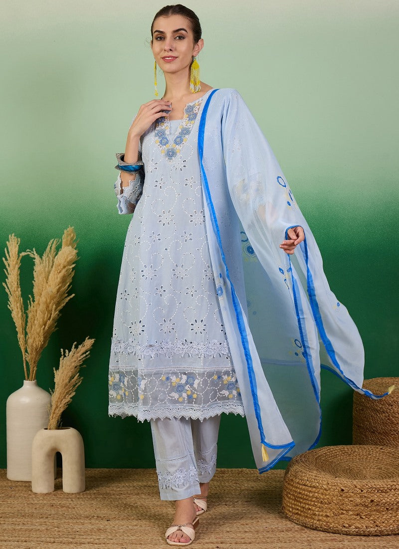 Blue Pant Style Salwar Suit with Thread and Sequins Work-2