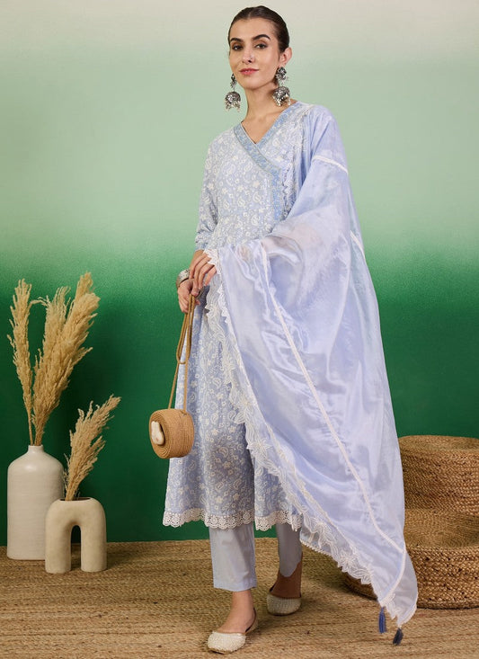 Blue Pant Style Salwar Suit with Thread and Sequins Work