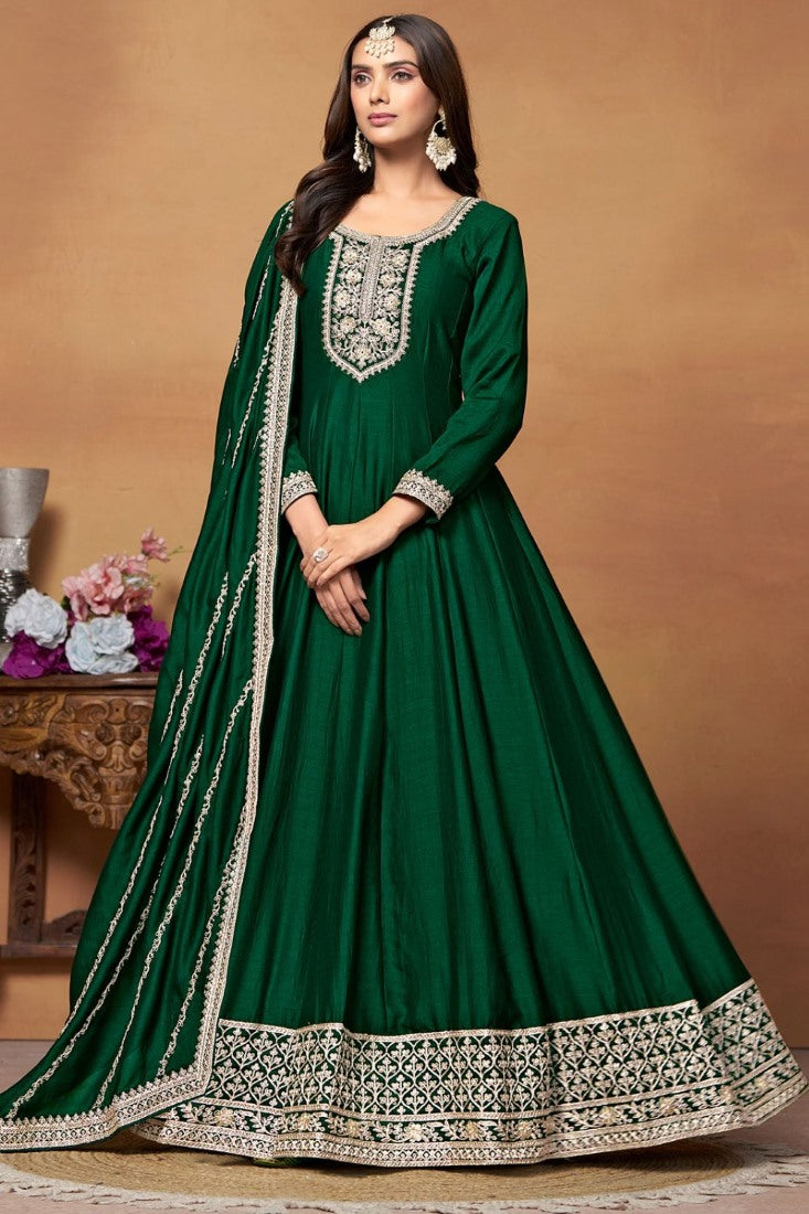 Green Art Silk Anarkali Suit With Embroidery Work