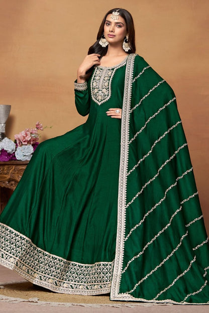 Green Art Silk Anarkali Suit With Embroidery Work