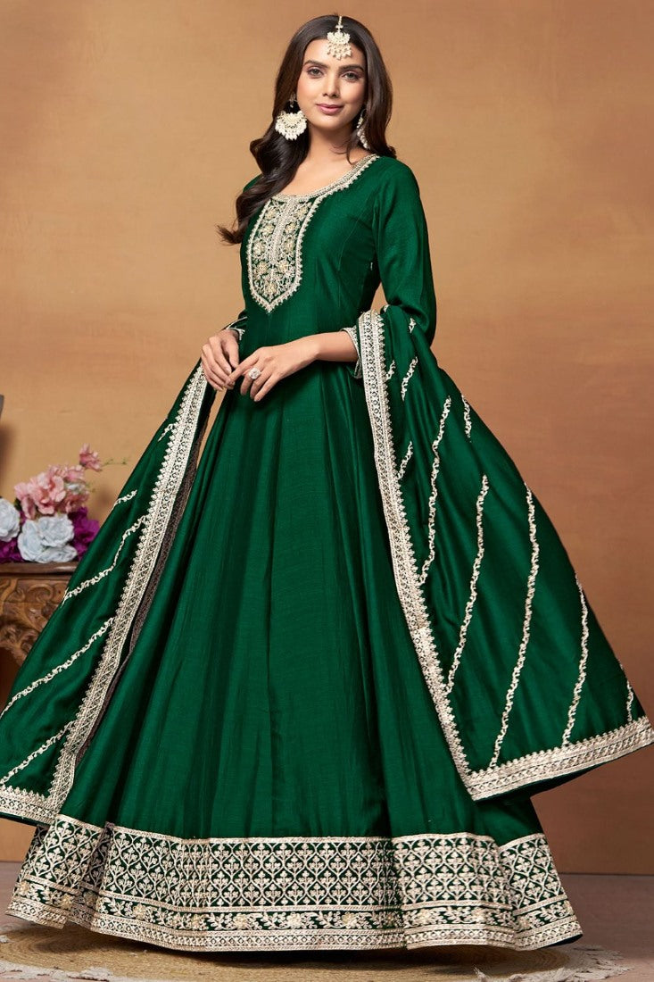 Green Art Silk Anarkali Suit With Embroidery Work