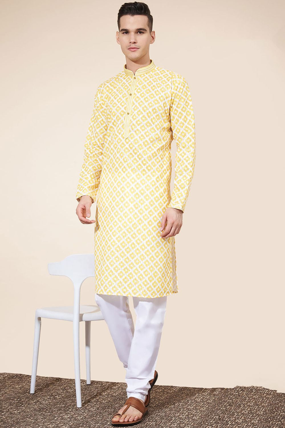 Yellow Cotton Printed Kurta Pajama With Lucknowi, Sequins and Thread Work