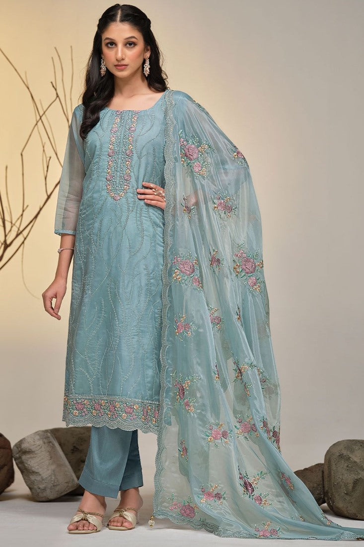 Blue Pant Style Salwar Suit with Thread and Sequins Work