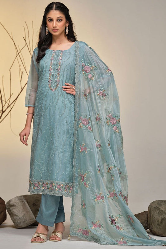 Blue Pant Style Salwar Suit with Thread and Sequins Work
